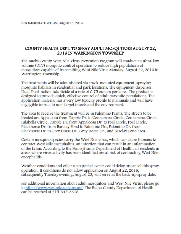 Bucks County Health Dept. to Spray Adult Mosquitoes (AUG.22)