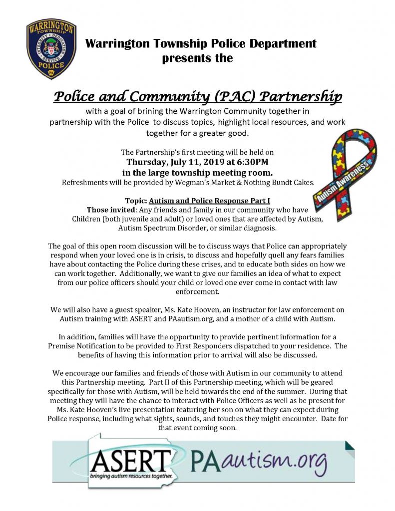 Police and Community (PAC) Partnership - Autism & Police Response Part 1 @ Warrington Township Building - Large Meeting Room
